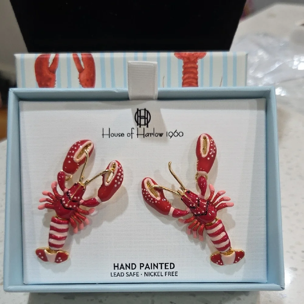 🦞🔹️House of Harlow 🔹️1960 Red Lobster Stud Hand Painted  Earrings